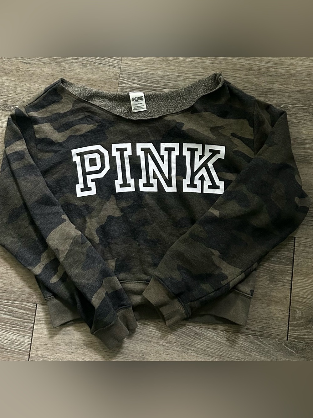 PINK Victoria's Secret Camo Crewneck Sweatshirt in Olive and Black